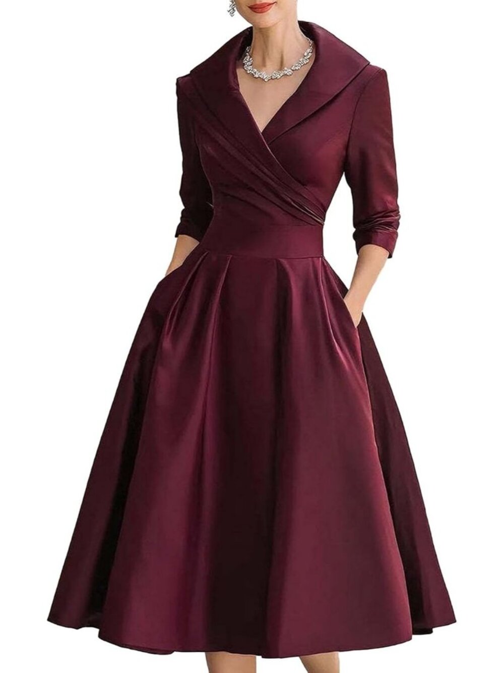 Women's Wine Wrap Long Sleeve V-Neck Silky Casual Elegant Midi Church Dress